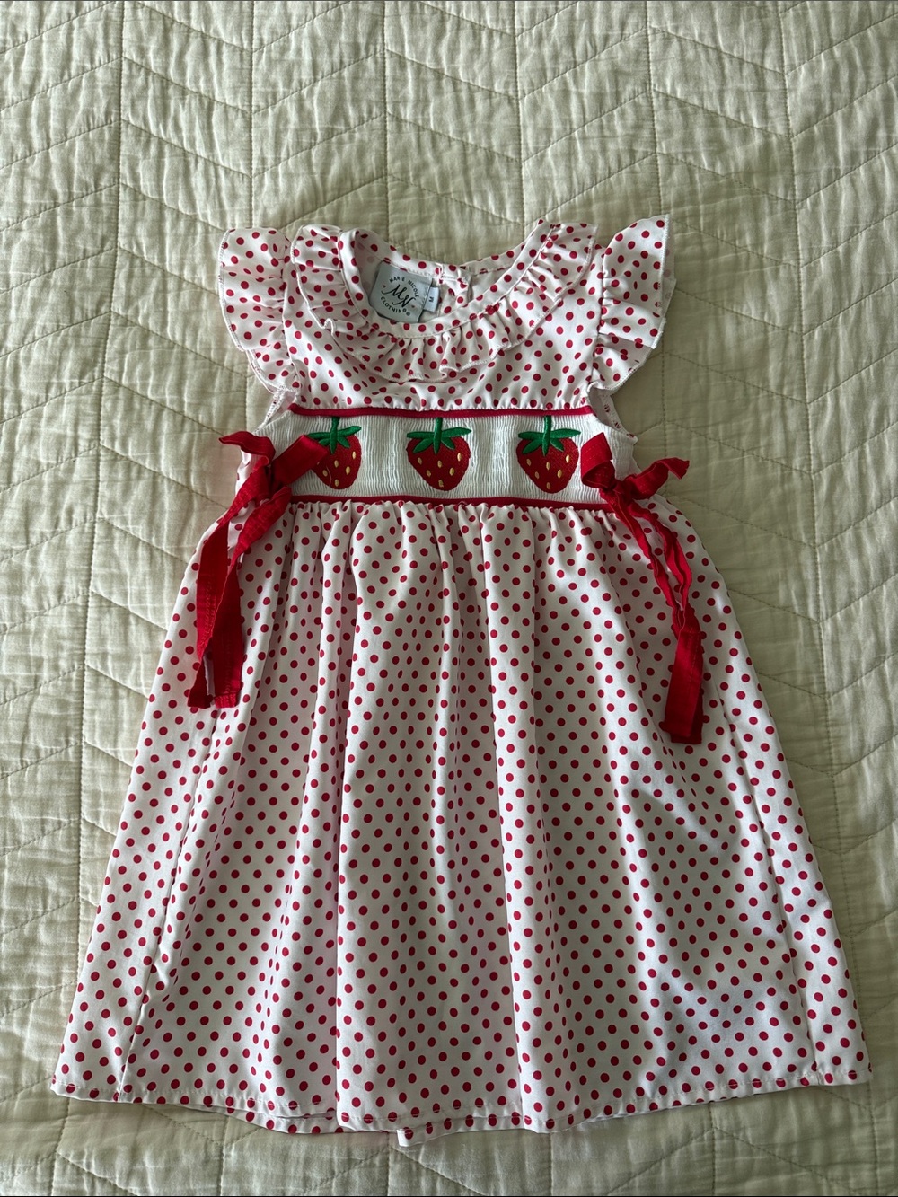 Marie Nicole White & Red Polka Dot Strawberry Smocked Dress